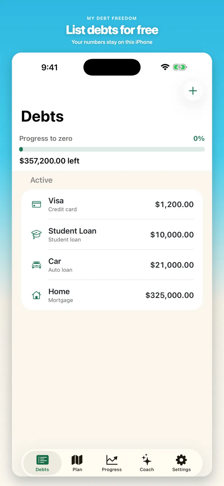 My Debt Freedom — Debts list with Visa, student loan, car, and home.