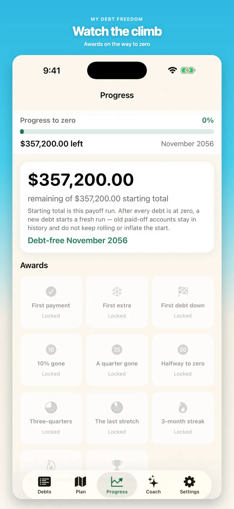 My Debt Freedom — Progress tab.