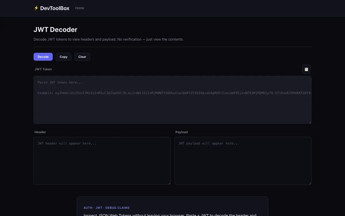 DevToolBox — JWT Decoder in the browser.