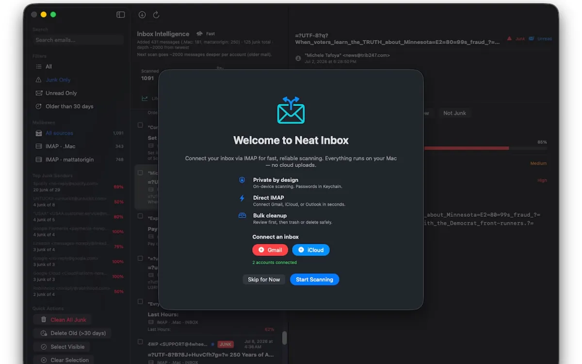 Neat Inbox — welcome screen and IMAP connect.
