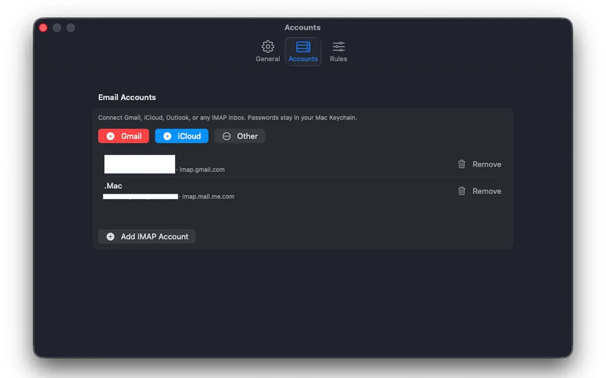 Neat Inbox — accounts settings for Gmail and iCloud IMAP.