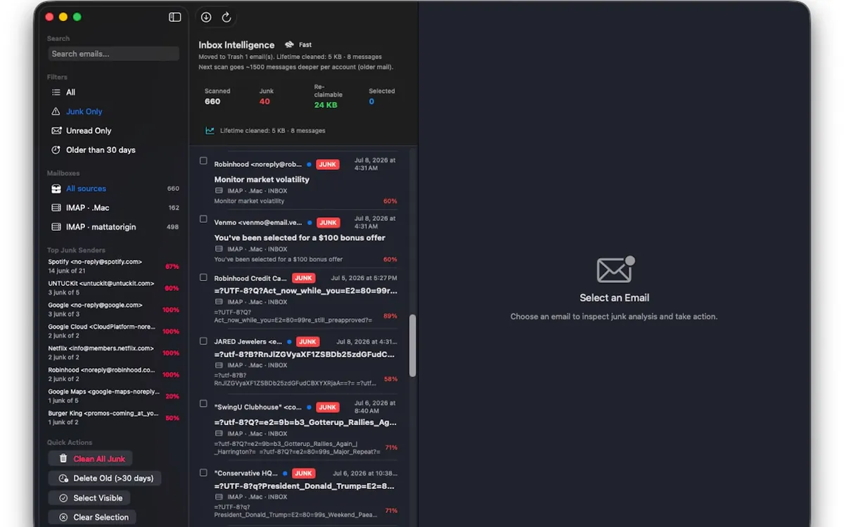 Neat Inbox — Inbox Intelligence scan with junk highlighted.