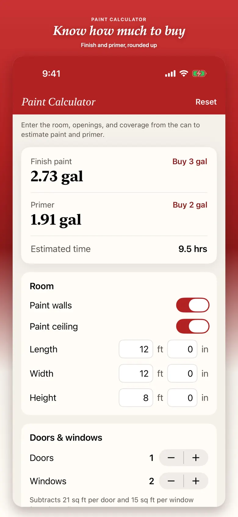 Paint Calculator — finish and primer gallons for a room.
