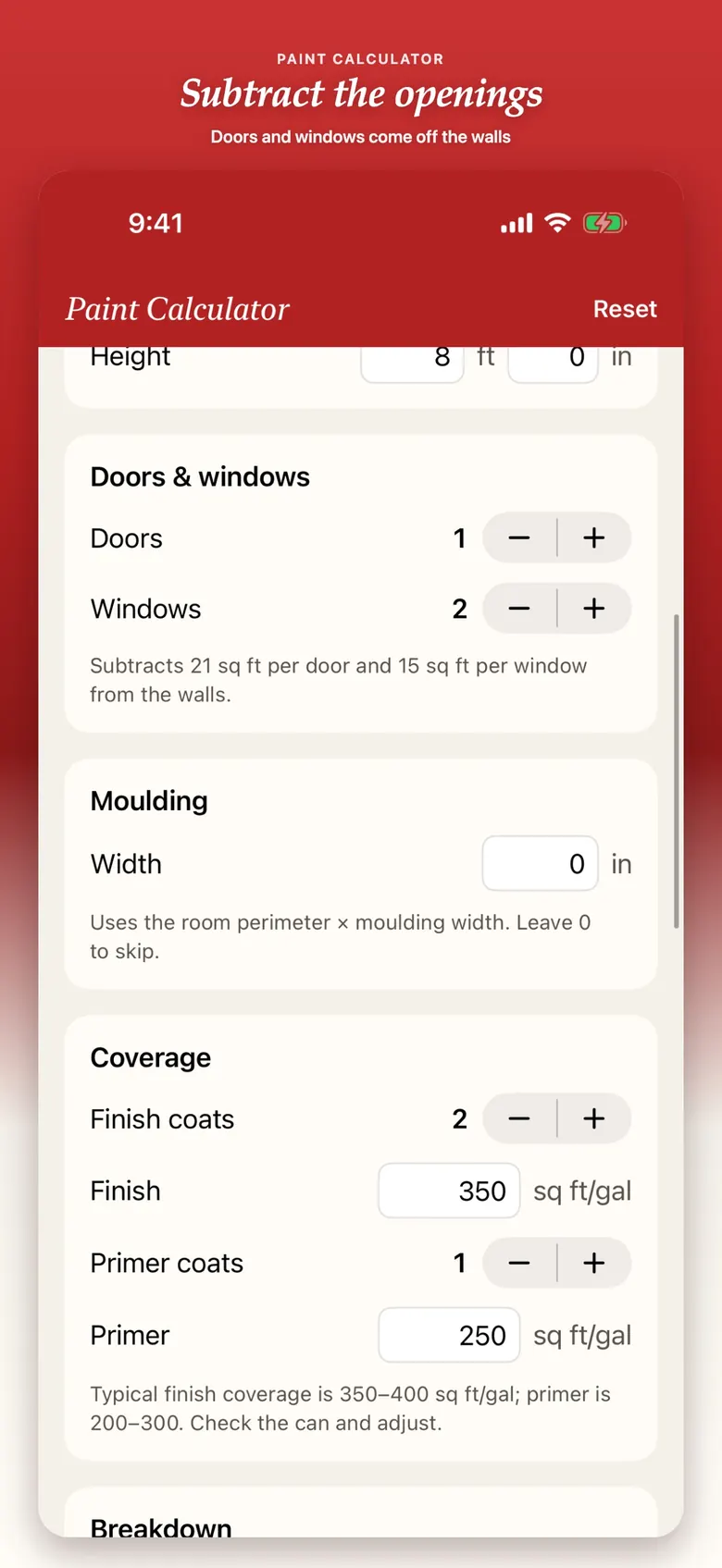 Paint Calculator — doors, windows, moulding, and coverage.
