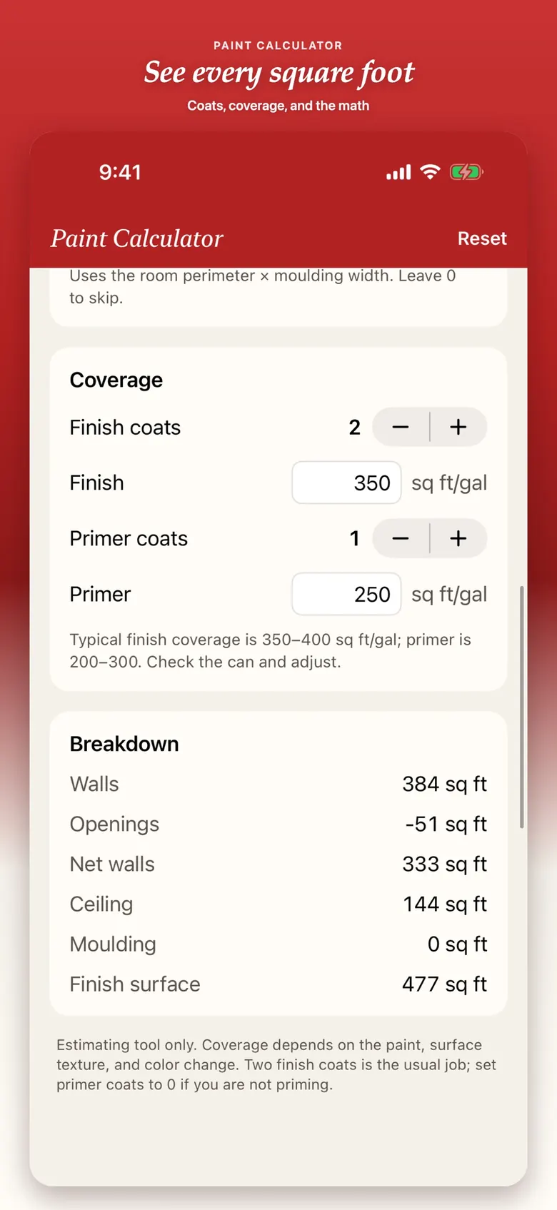 Paint Calculator — square-foot breakdown.